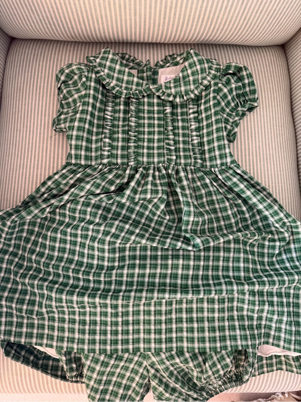 Rachel Riley Holiday Christmas Green Plaid Ruffle Collar Dress with Bloomers 24M
